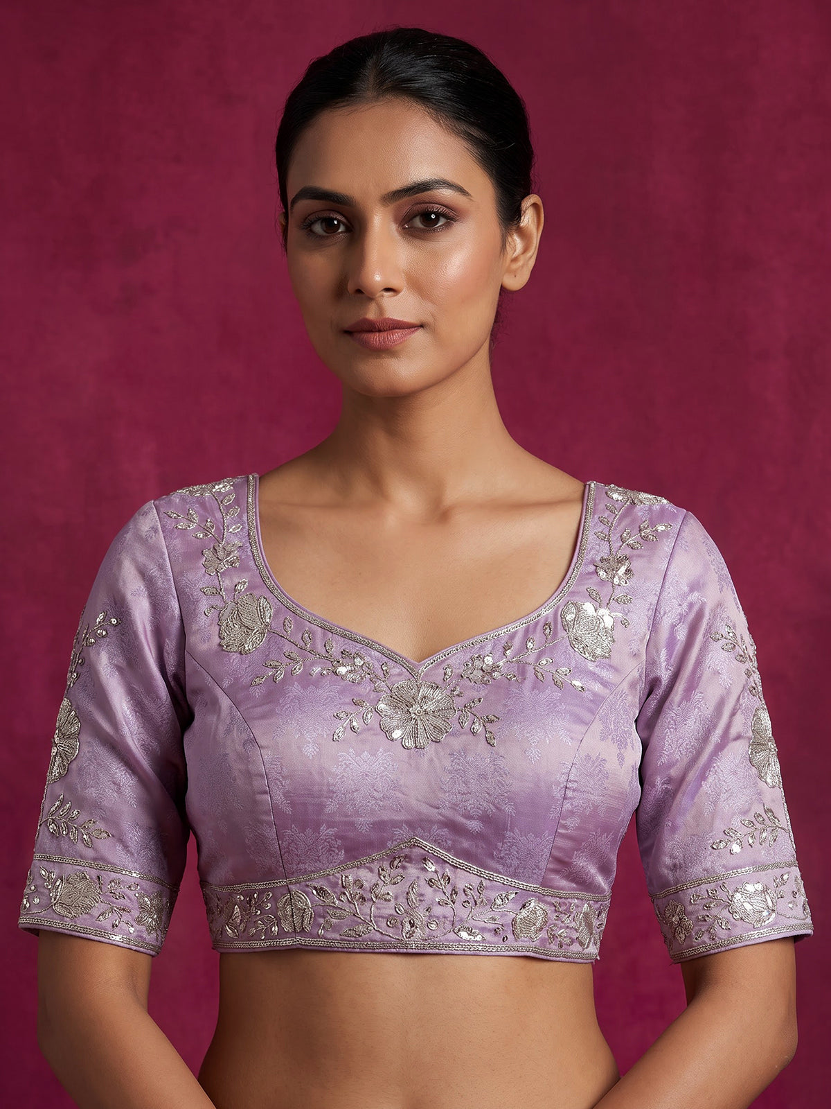 Lavender purple silk unstitched embellished lehenga choli with dupatta