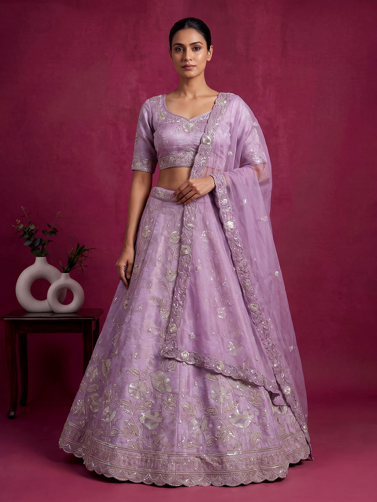 Lavender purple silk unstitched embellished lehenga choli with dupatta