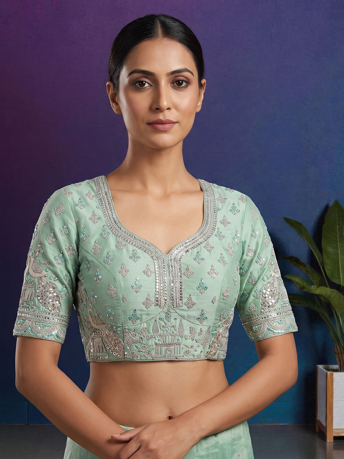 Sea green silk peacock motif unstitched lehenga choli with dupatta