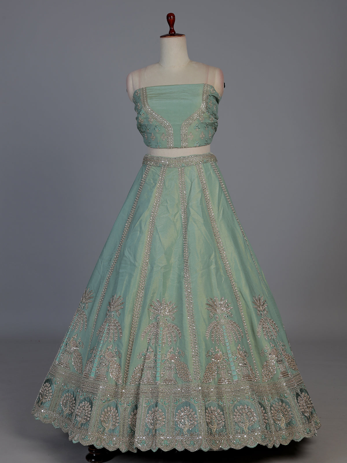 Sea green silk peacock motif unstitched lehenga choli with dupatta