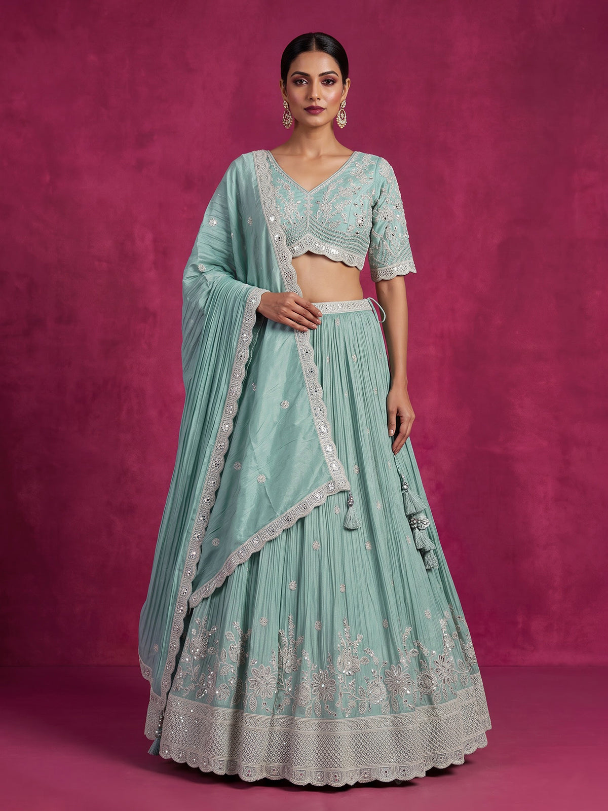 Sky blue silk embellished designer lehenga choli with dupatta