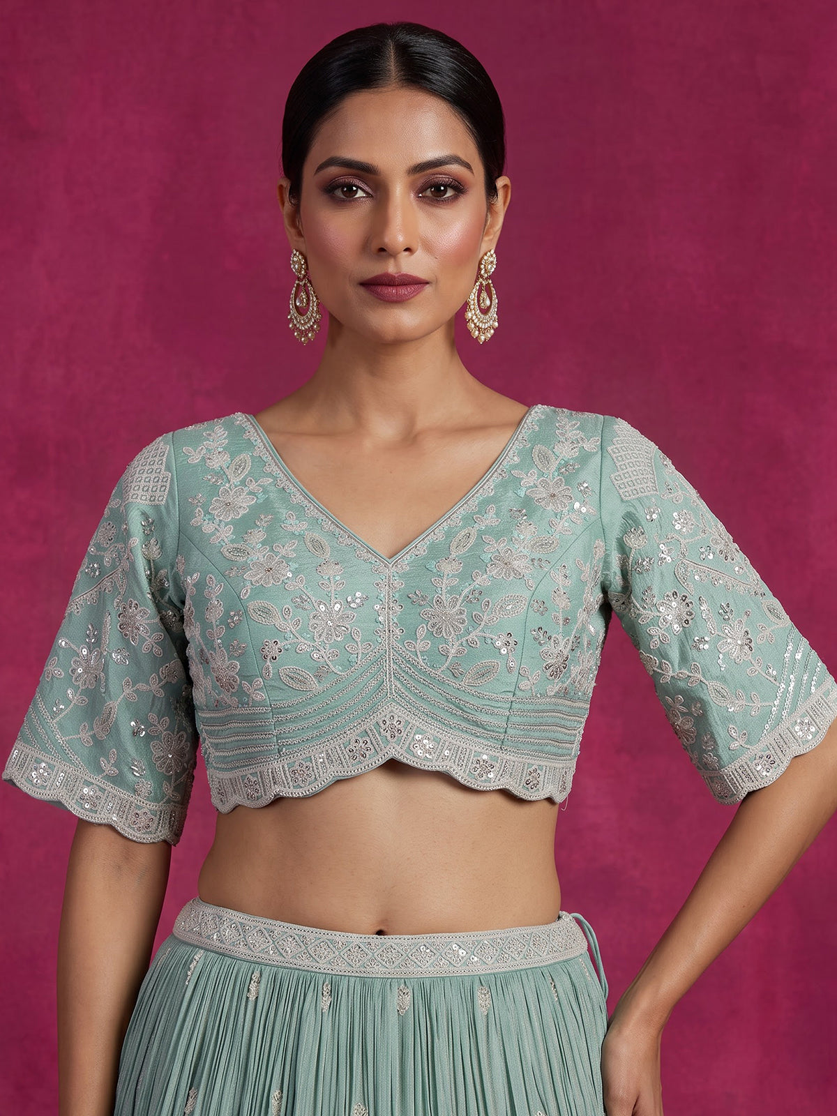 Sky blue silk embellished designer lehenga choli with dupatta