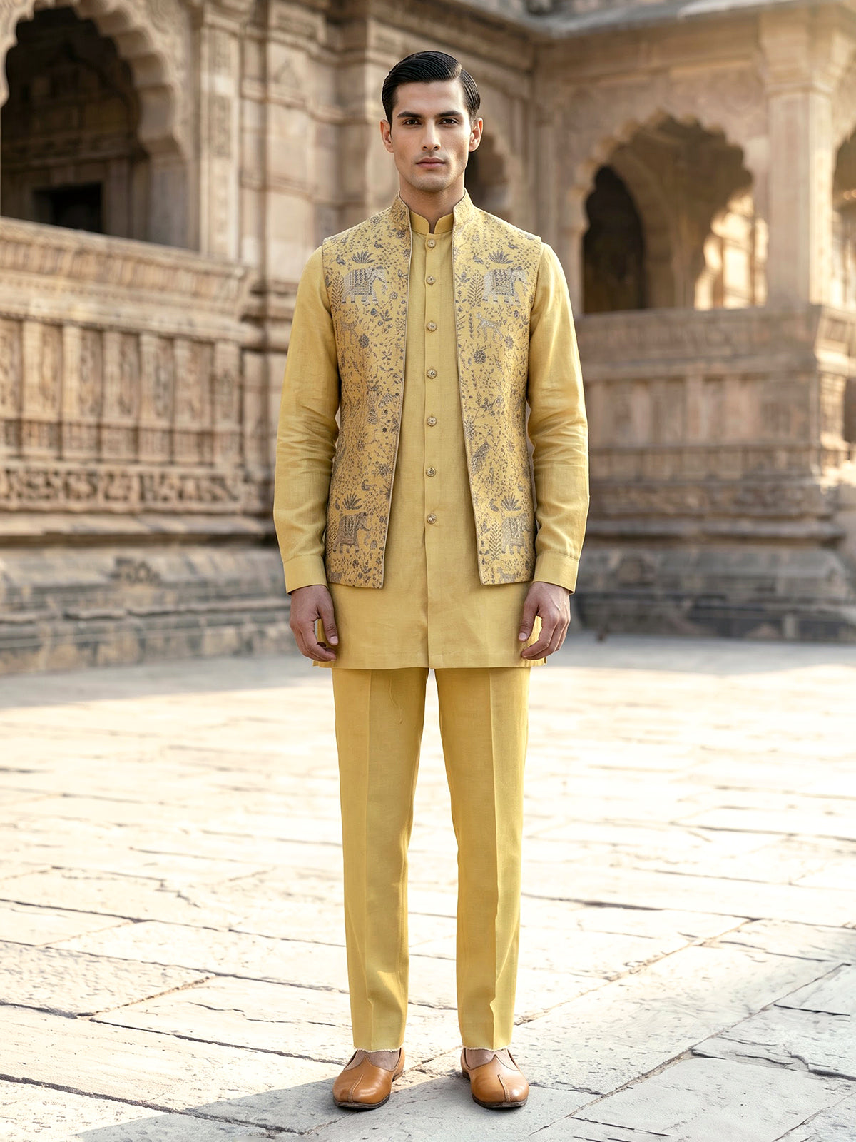 Mustard yellow printed festive waistcoat set with pant for men