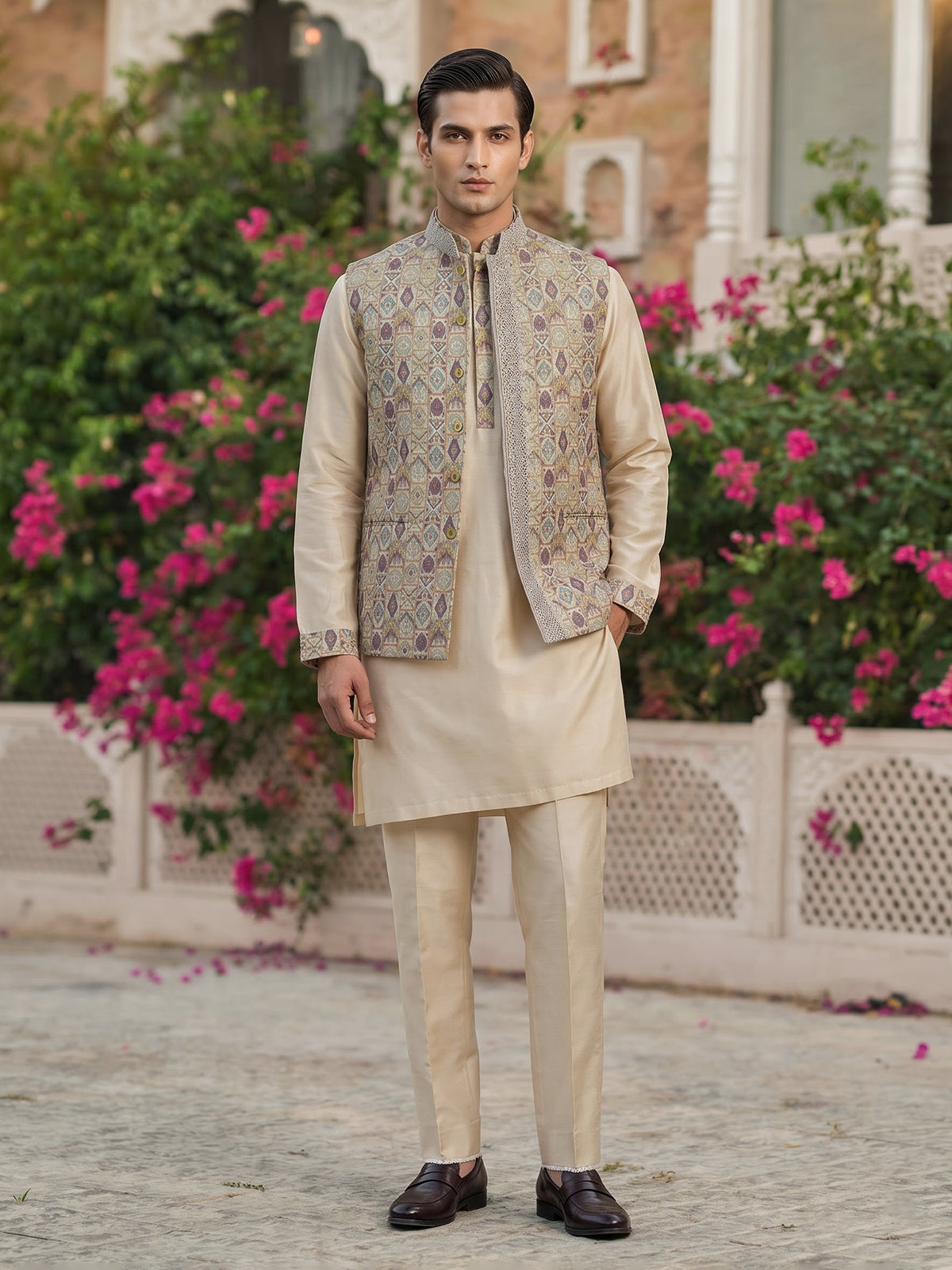Beige printed festive waistcoat set with pant for men