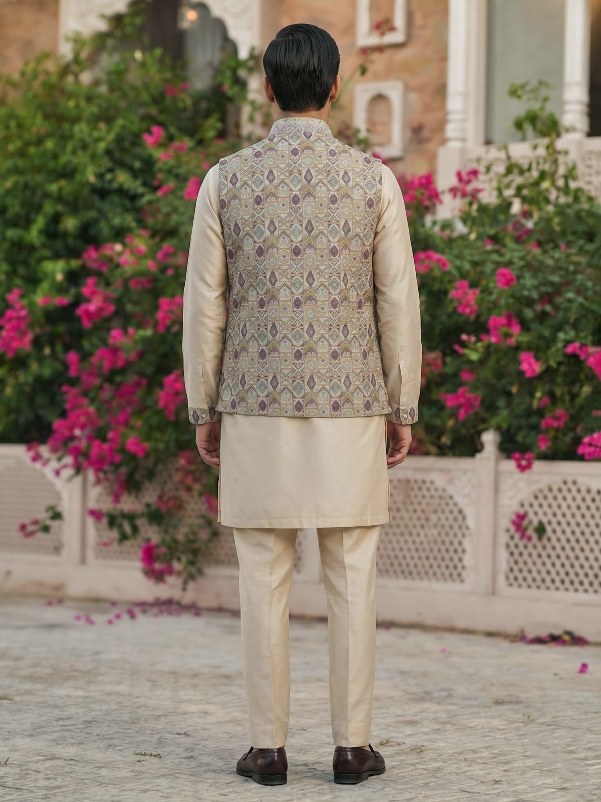 Beige printed festive waistcoat set with pant for men
