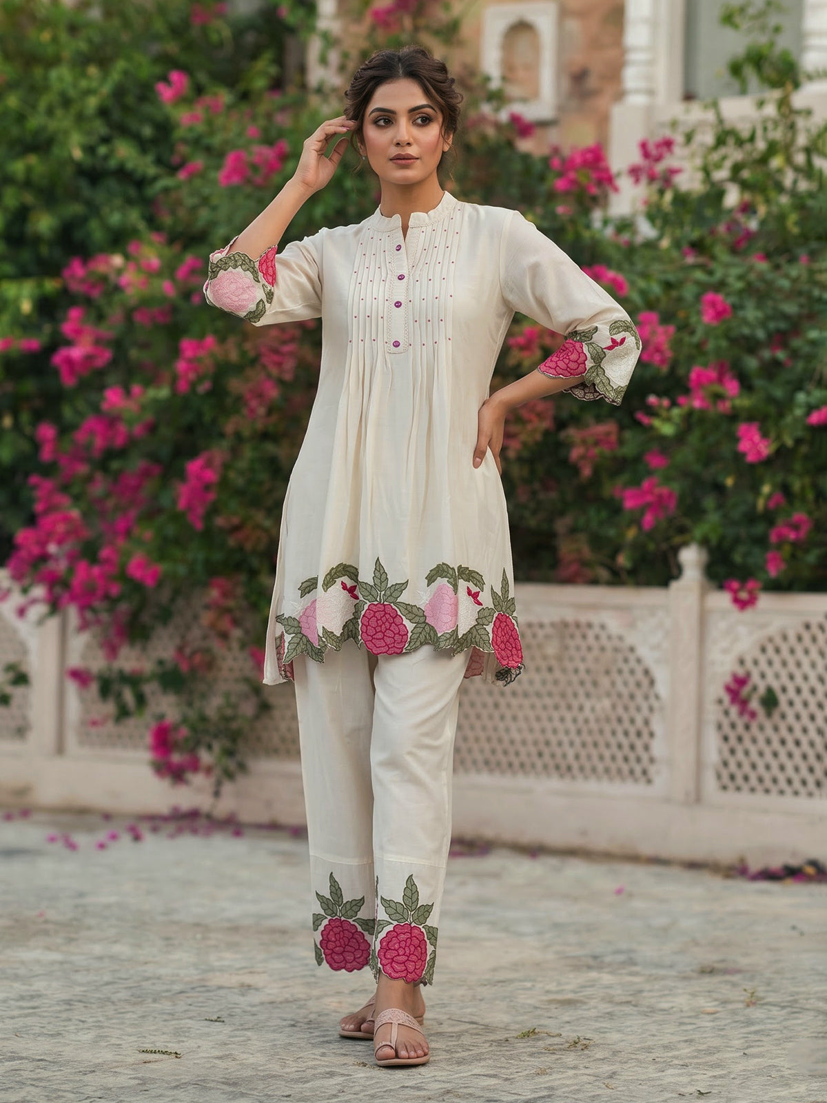 Elegant off white embroidered cotton linen festive co ord set