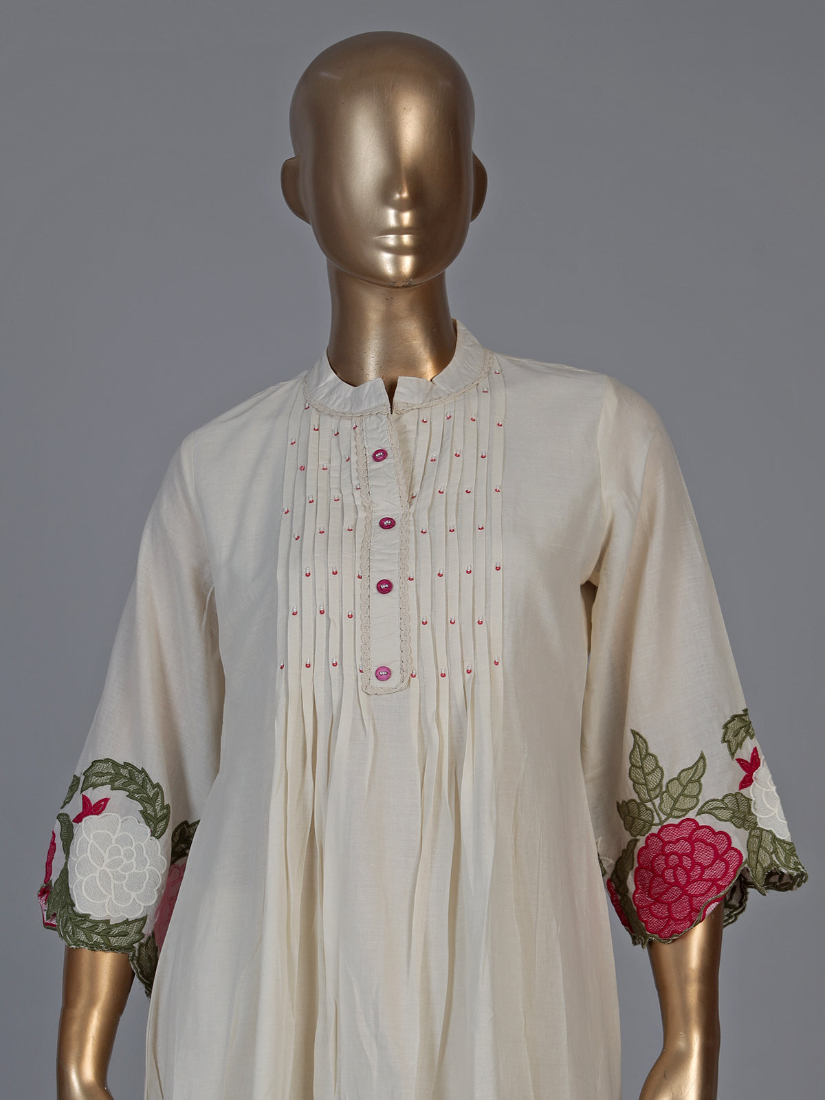 Elegant off white embroidered cotton linen festive co ord set