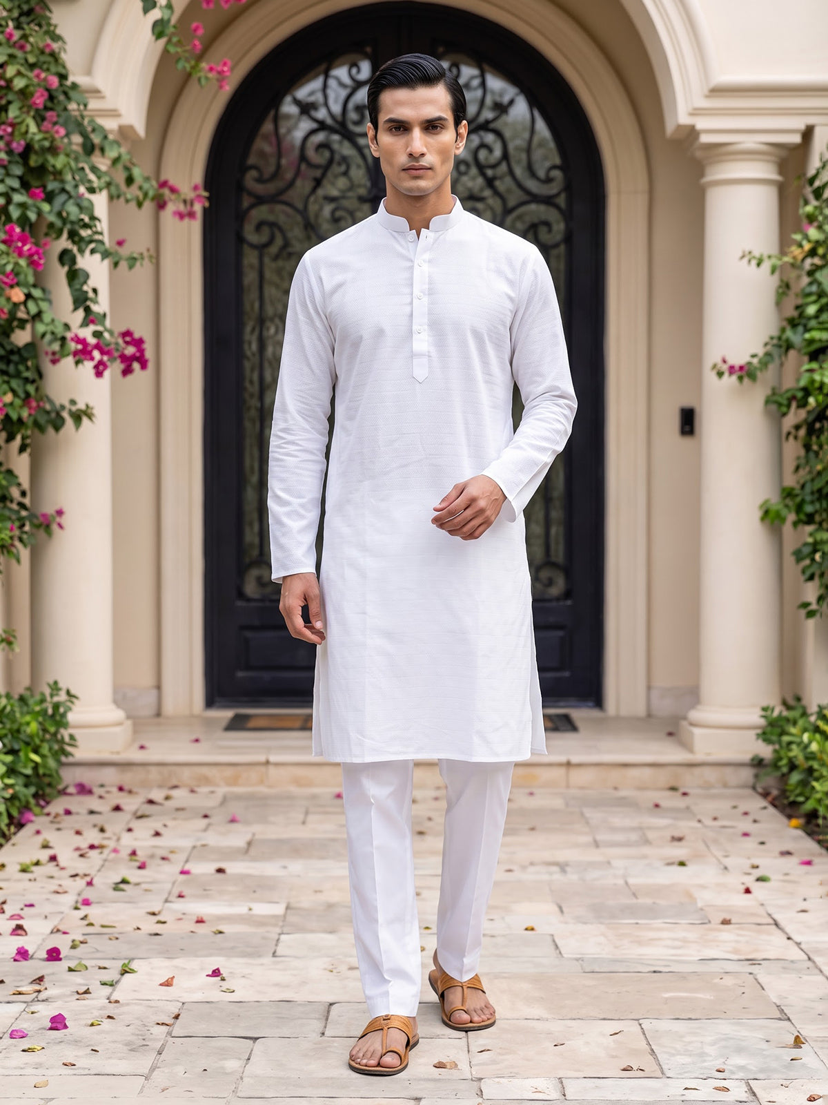 Elegant white cotton blend thread work kurta set for men