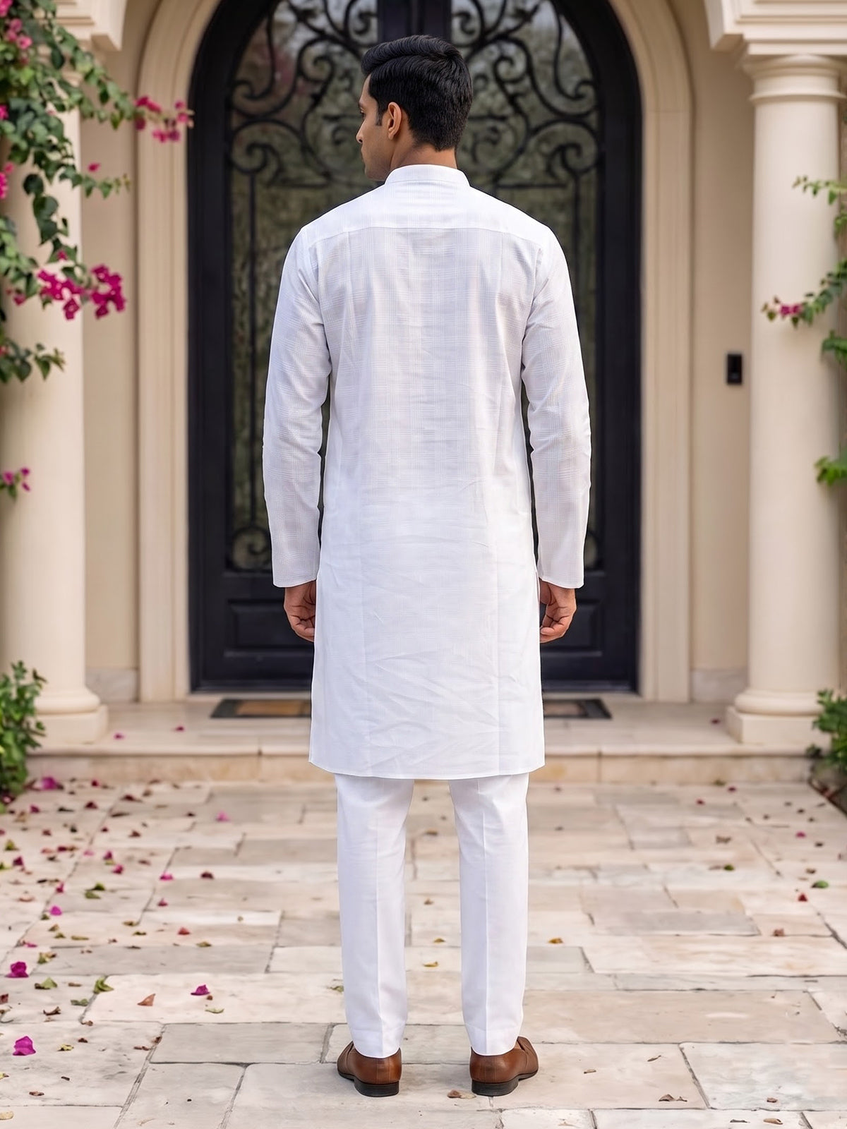 White thread weaving cotton blend festive kurta set for men