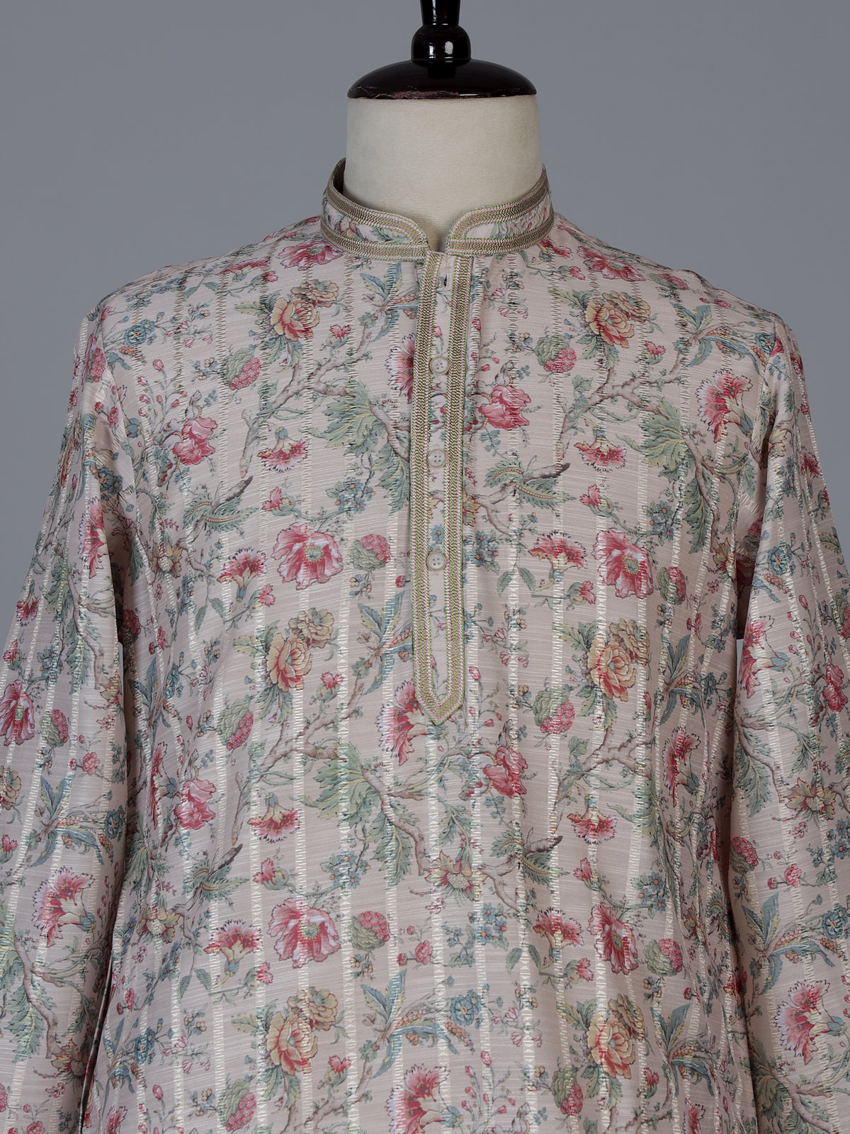 Peach floral printed linen blend festive kurta set for men