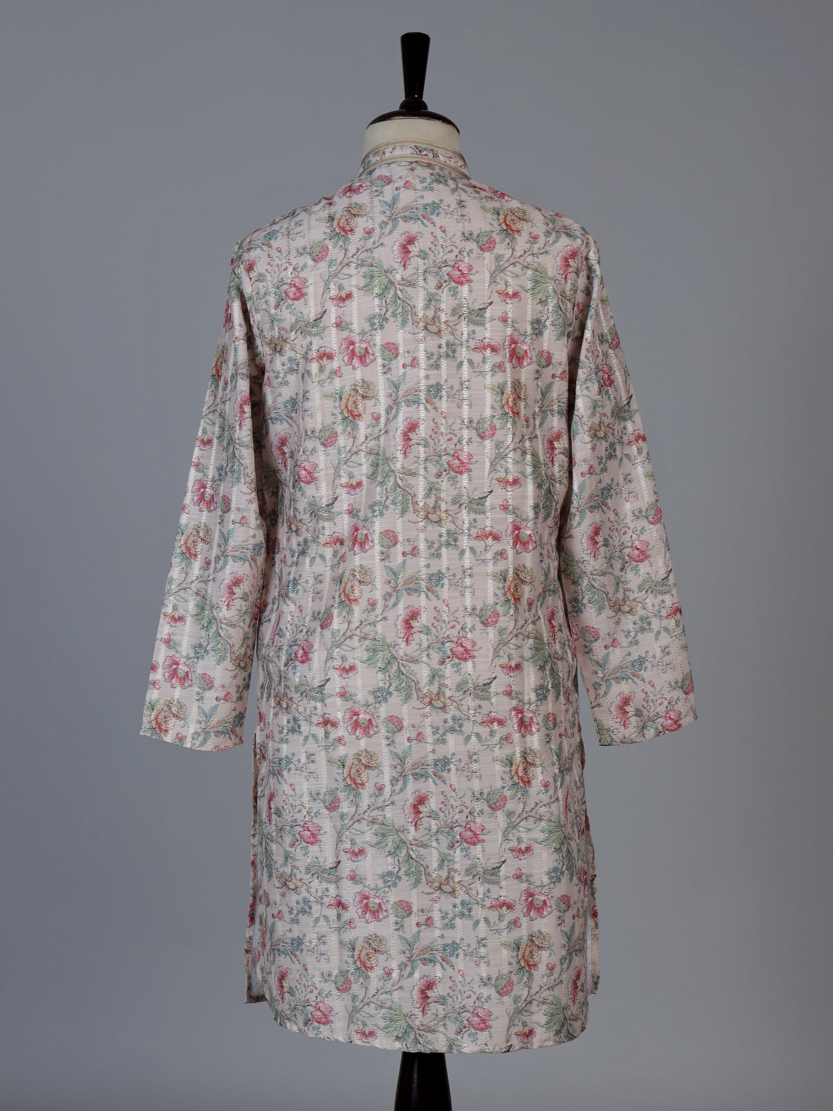 Peach floral printed linen blend festive kurta set for men