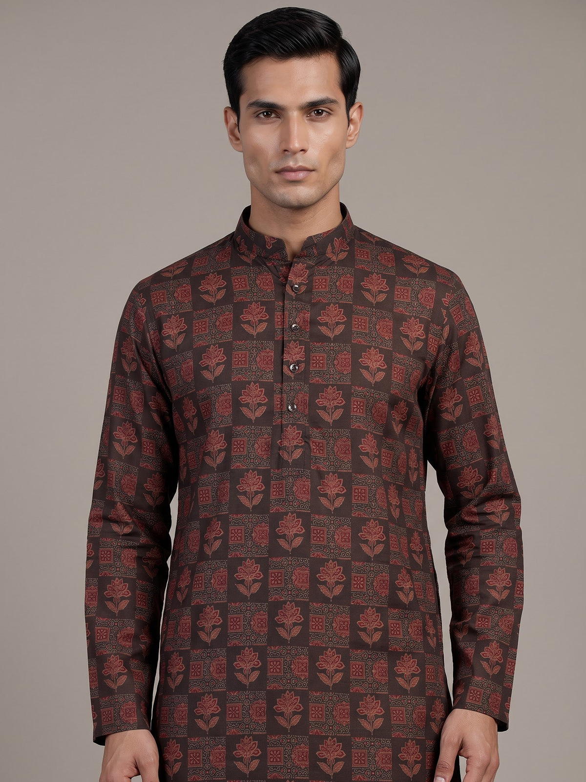 Mehendi green floral cotton silk festive kurta suit for men