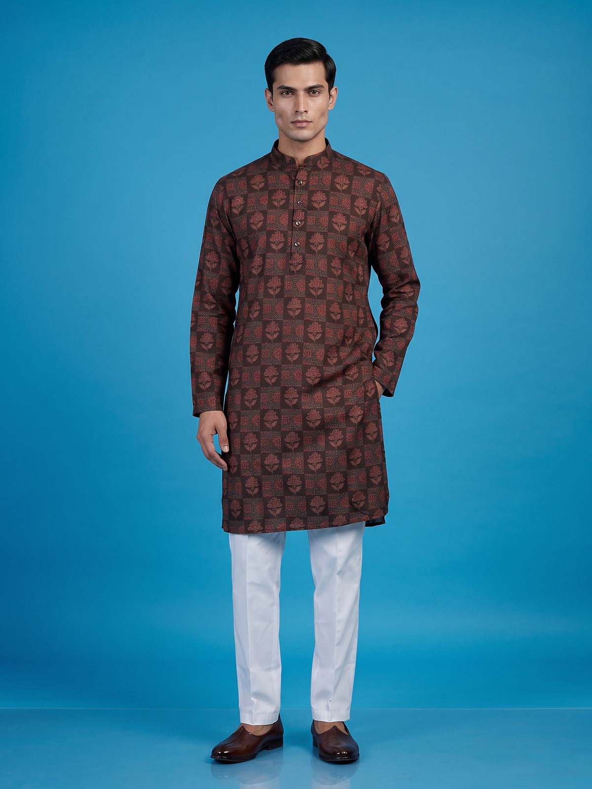 Mehendi green floral cotton silk festive kurta suit for men