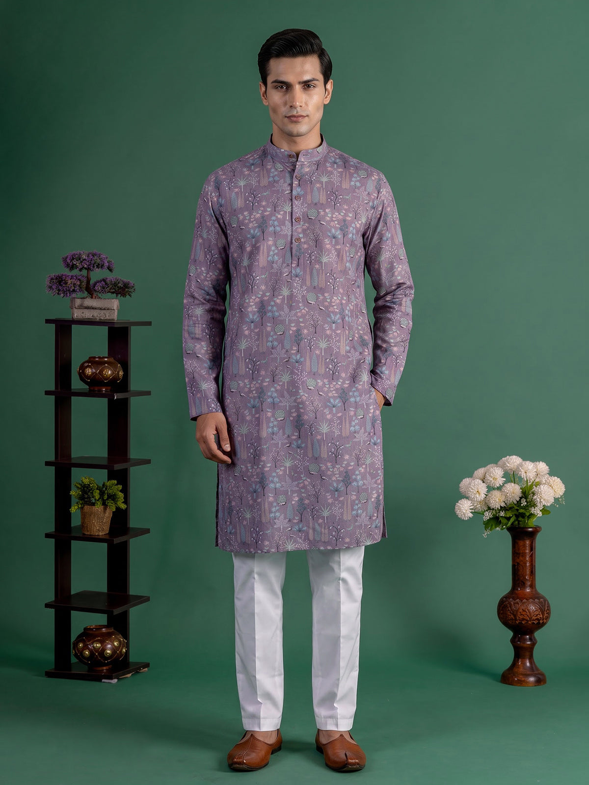 Lavender purple cotton silk peacock motif festive kurta suit for men