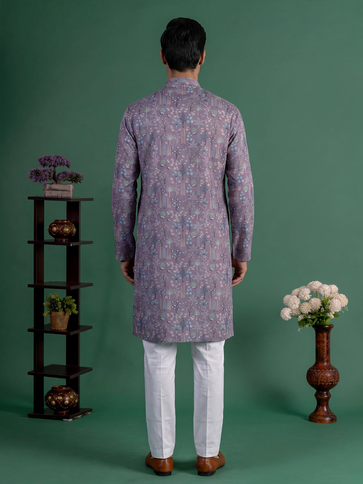 Lavender purple cotton silk peacock motif festive kurta suit for men