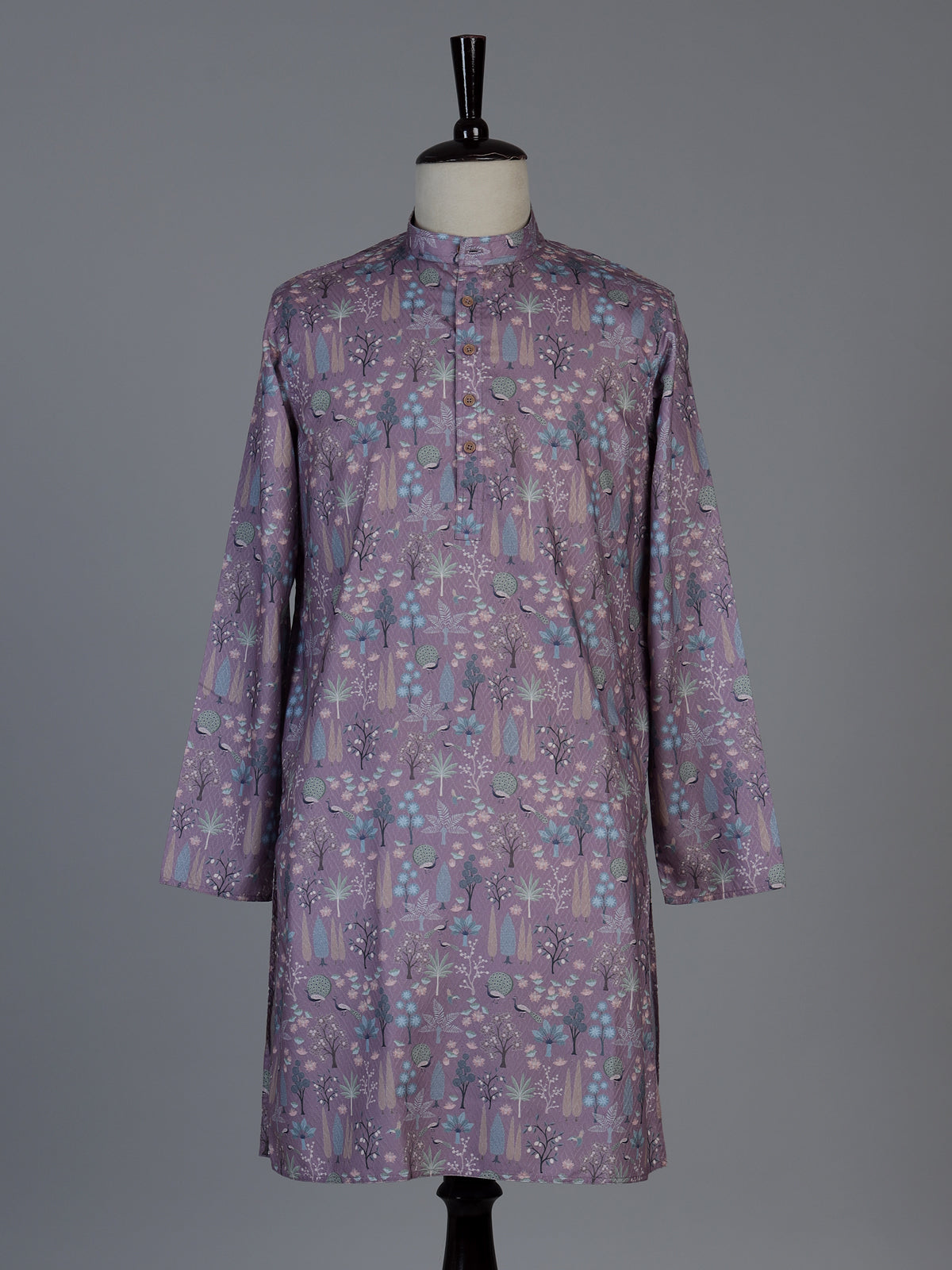 Lavender purple cotton silk peacock motif festive kurta suit for men