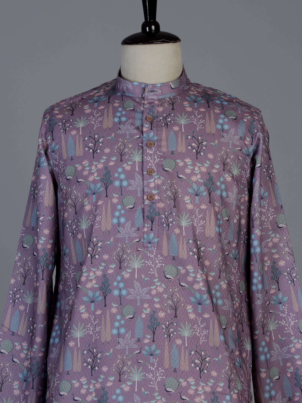 Lavender purple cotton silk peacock motif festive kurta suit for men