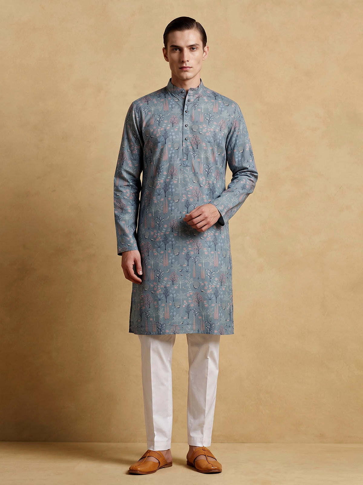 Sage green cotton silk peacock motif festive kurta suit for men