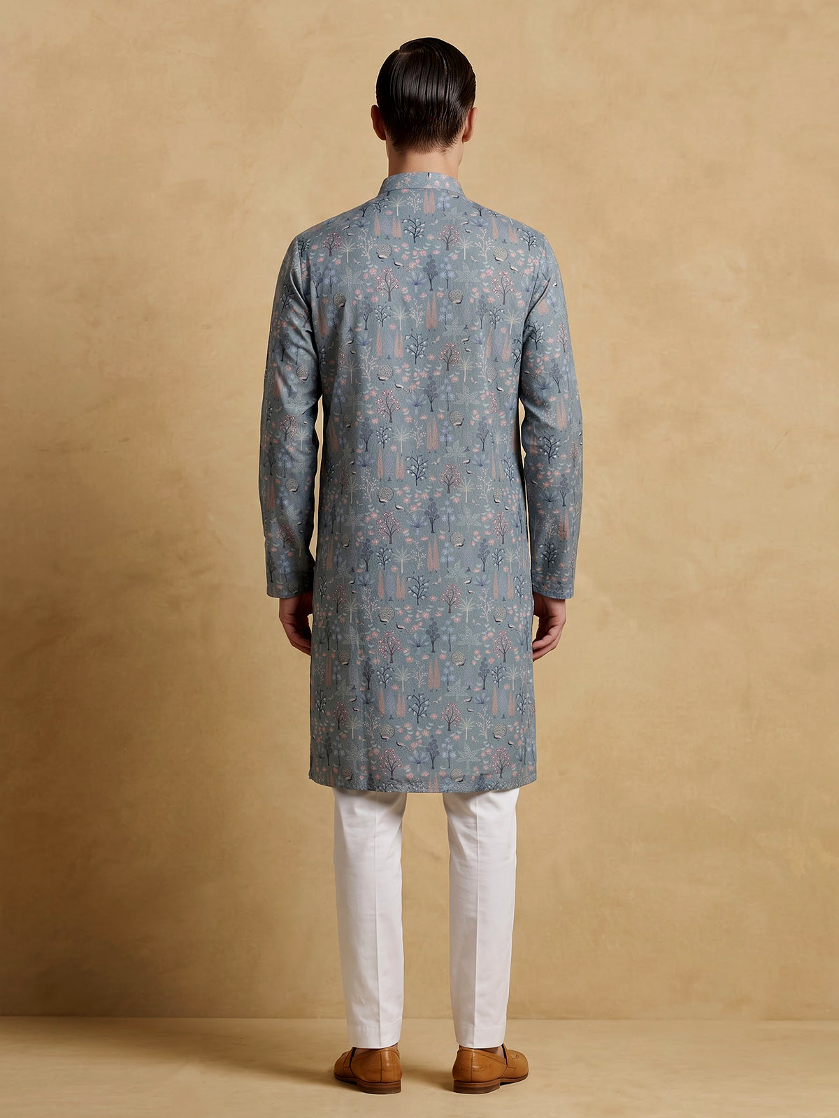 Sage green cotton silk peacock motif festive kurta suit for men