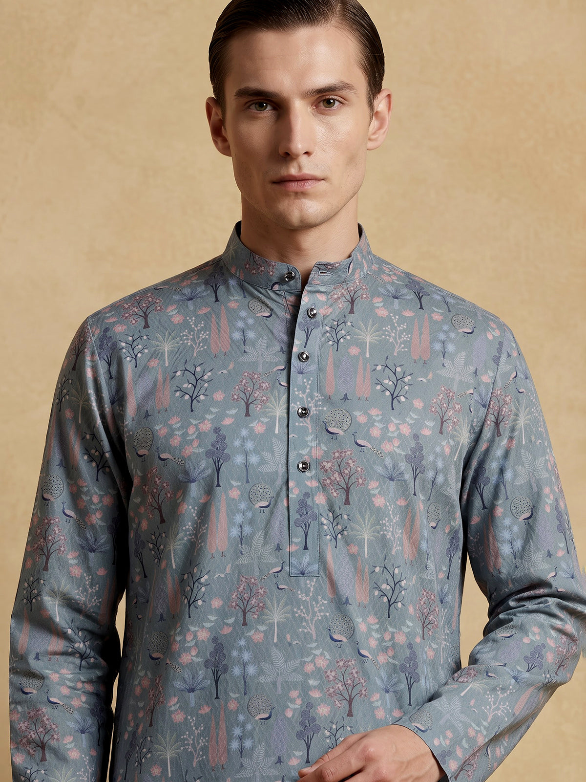 Sage green cotton silk peacock motif festive kurta suit for men