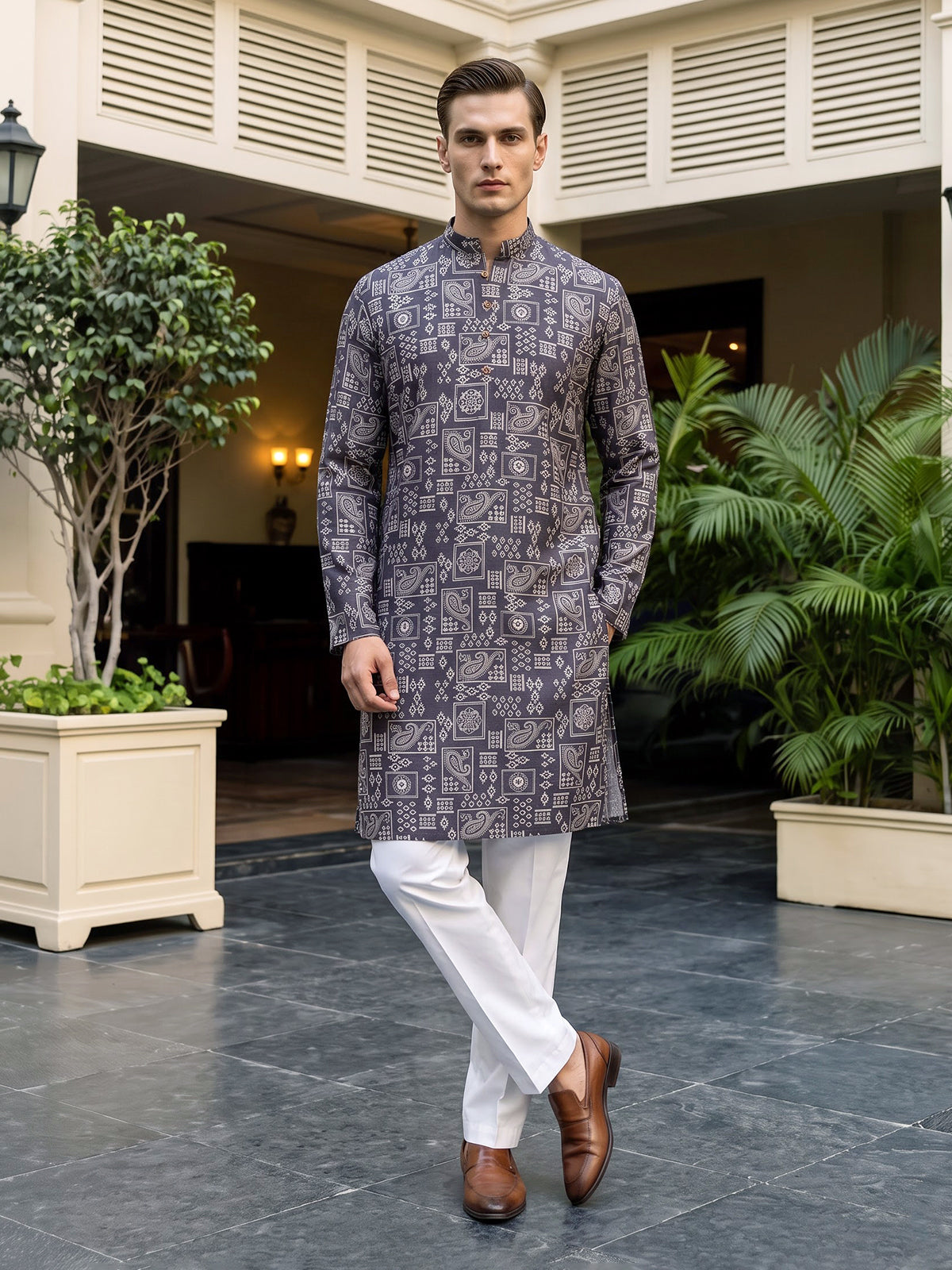 Dark grey printed cotton silk festive kurta suit for men with mandarin collar