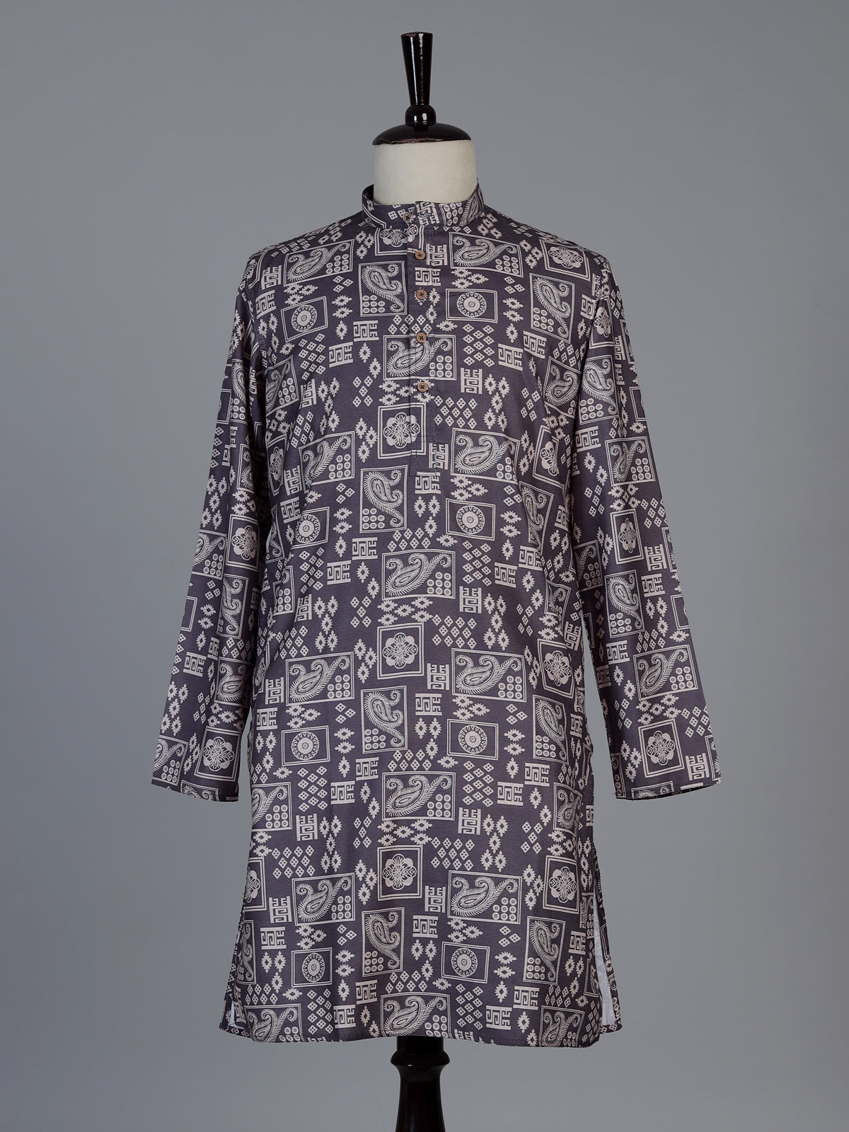 Dark grey printed cotton silk festive kurta suit for men with mandarin collar