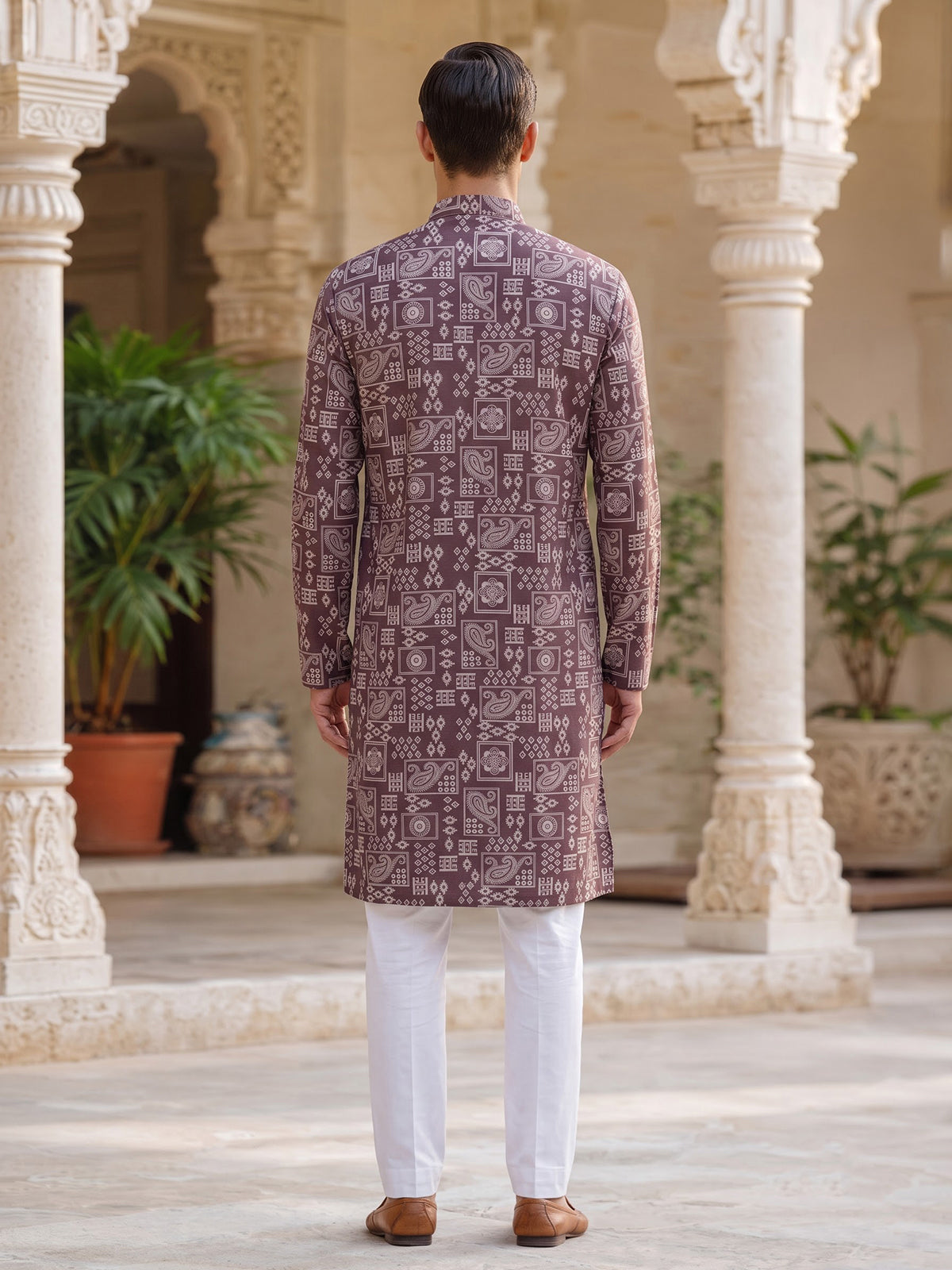 Brown printed cotton silk festive kurta suit for men with mandarin collar