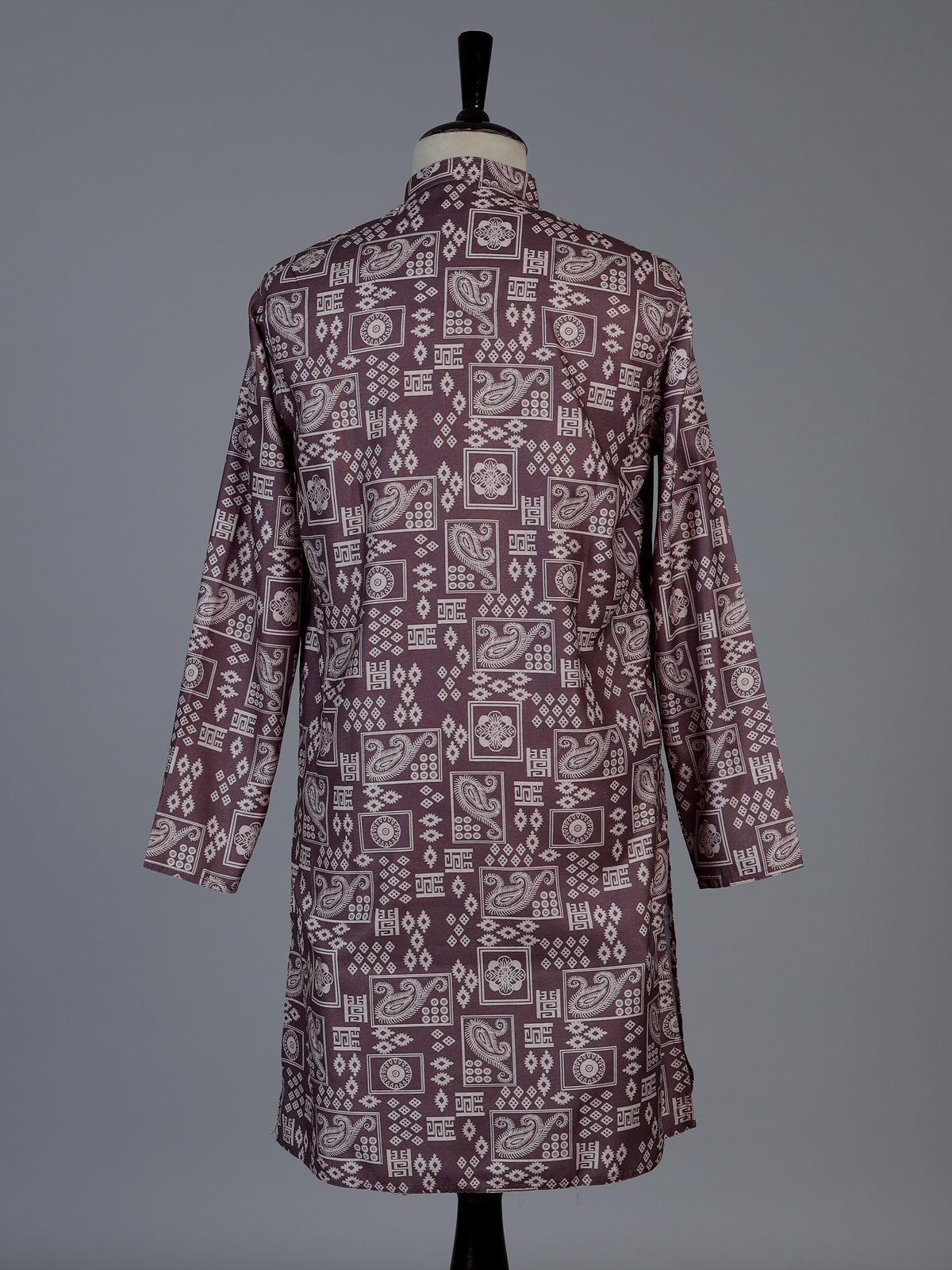 Brown printed cotton silk festive kurta suit for men with mandarin collar