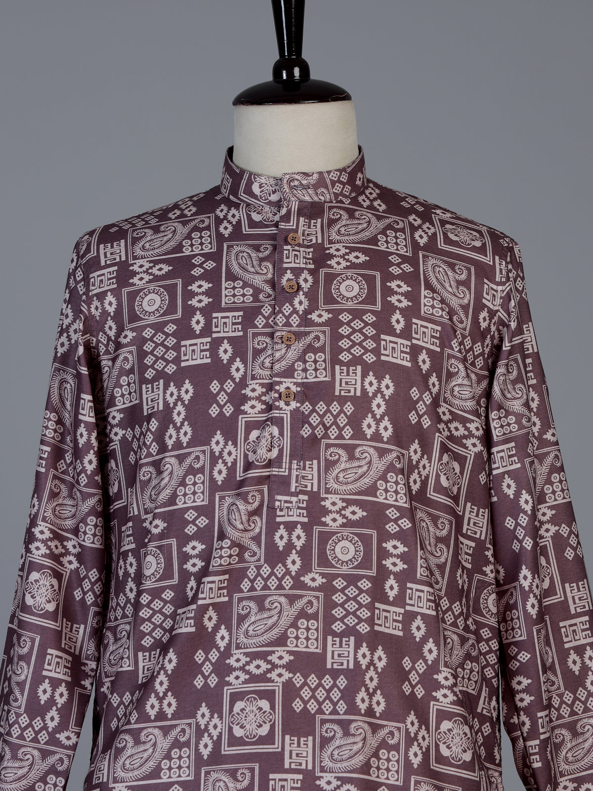 Brown printed cotton silk festive kurta suit for men with mandarin collar