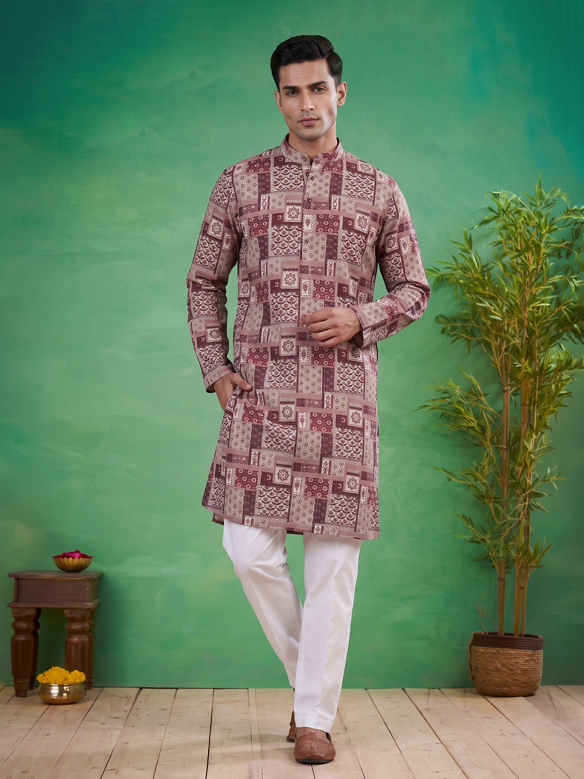 Wine printed cotton blend festive kurta suit for men with elegant pants