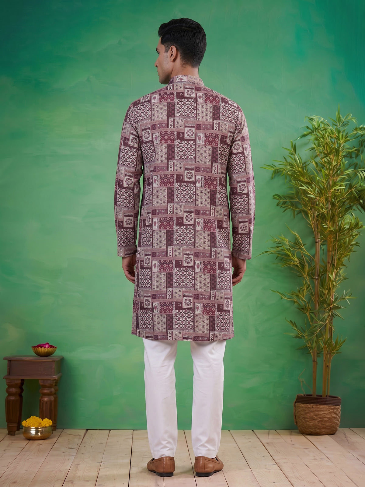 Wine printed cotton blend festive kurta suit for men with elegant pants
