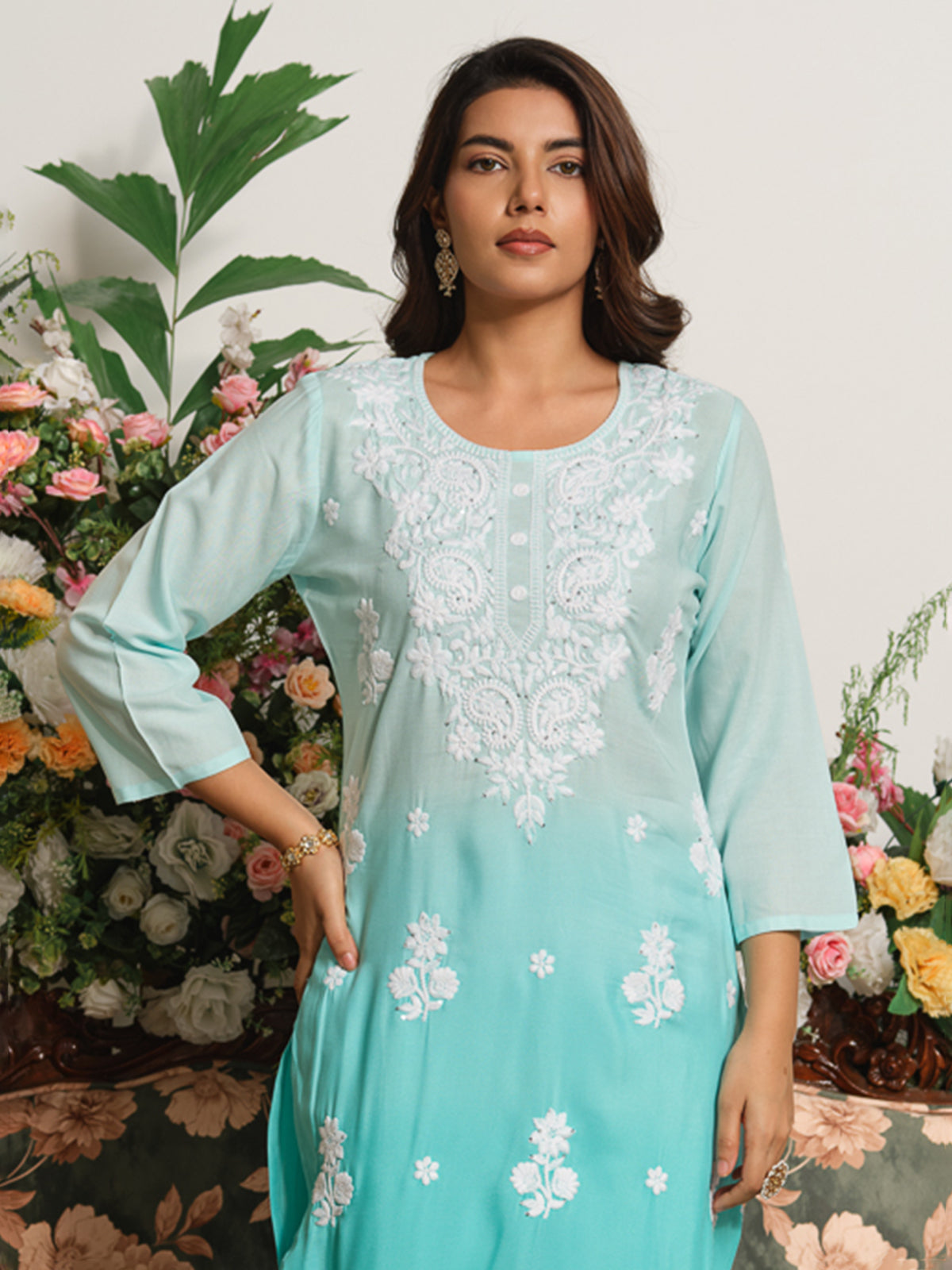 Blue timeless chikankari embroidered cotton silk kurti