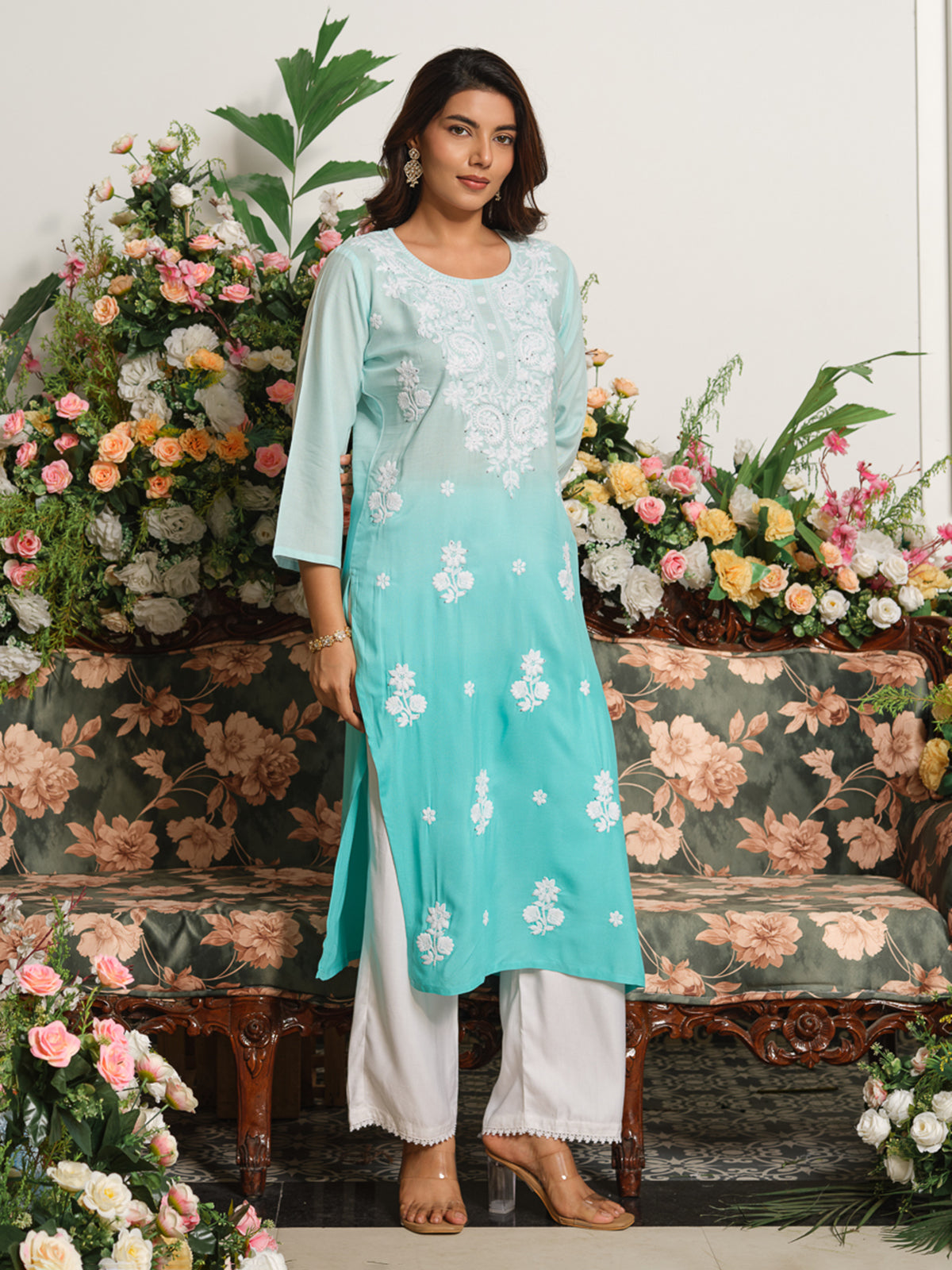Blue timeless chikankari embroidered cotton silk kurti