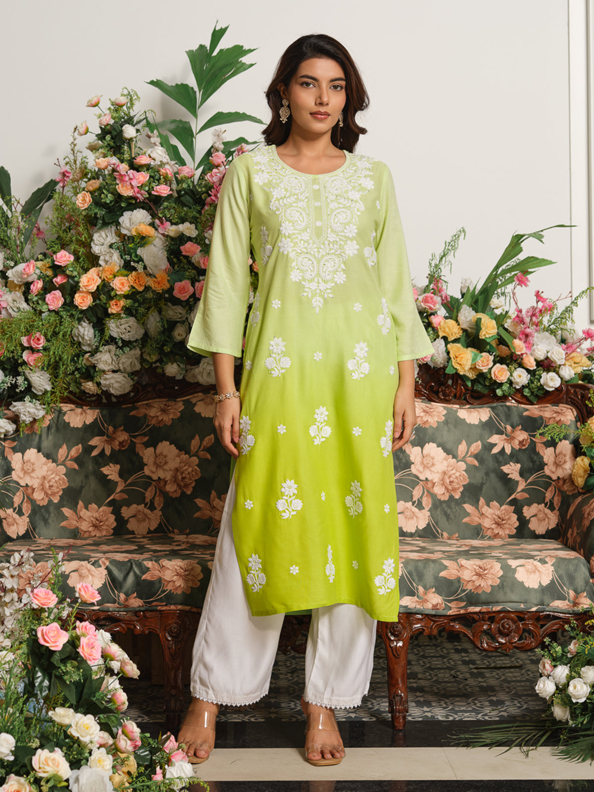 Lime green elegant ombre cotton silk kurti