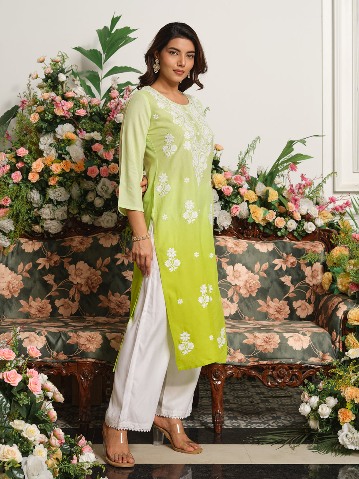 Lime green elegant ombre cotton silk kurti
