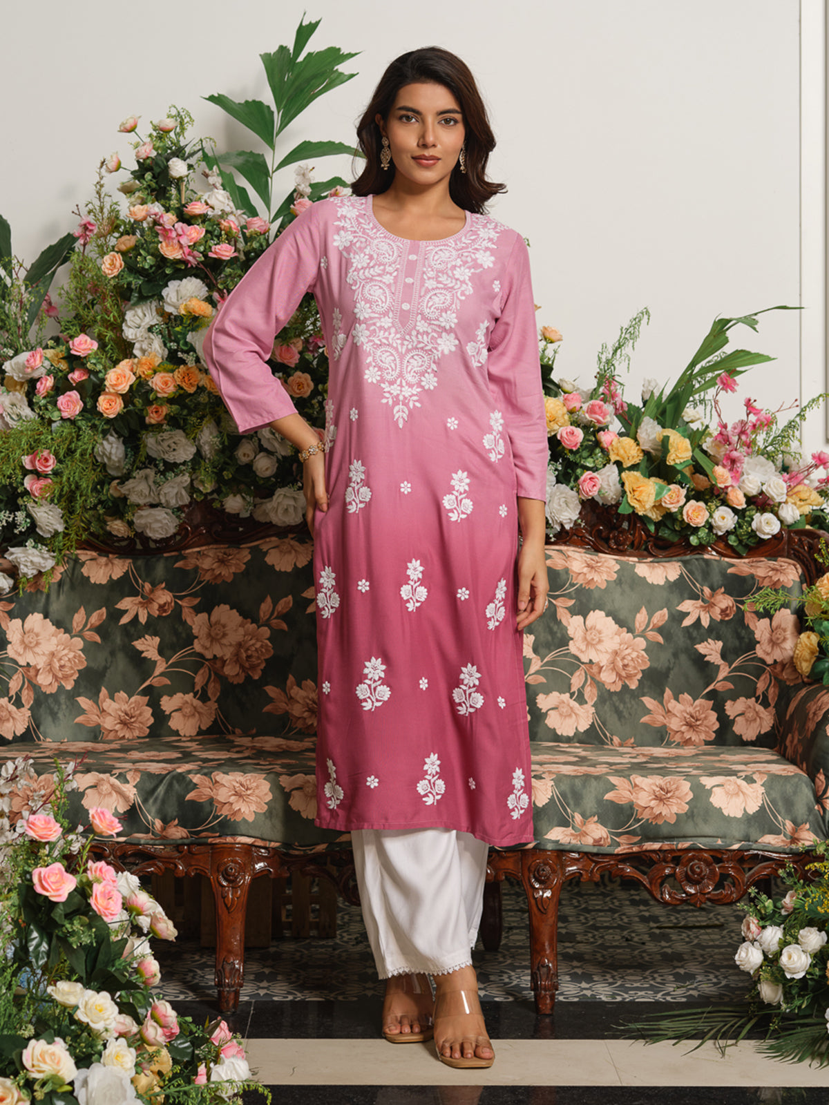 Rose pink classic chikankari straight cut kurti