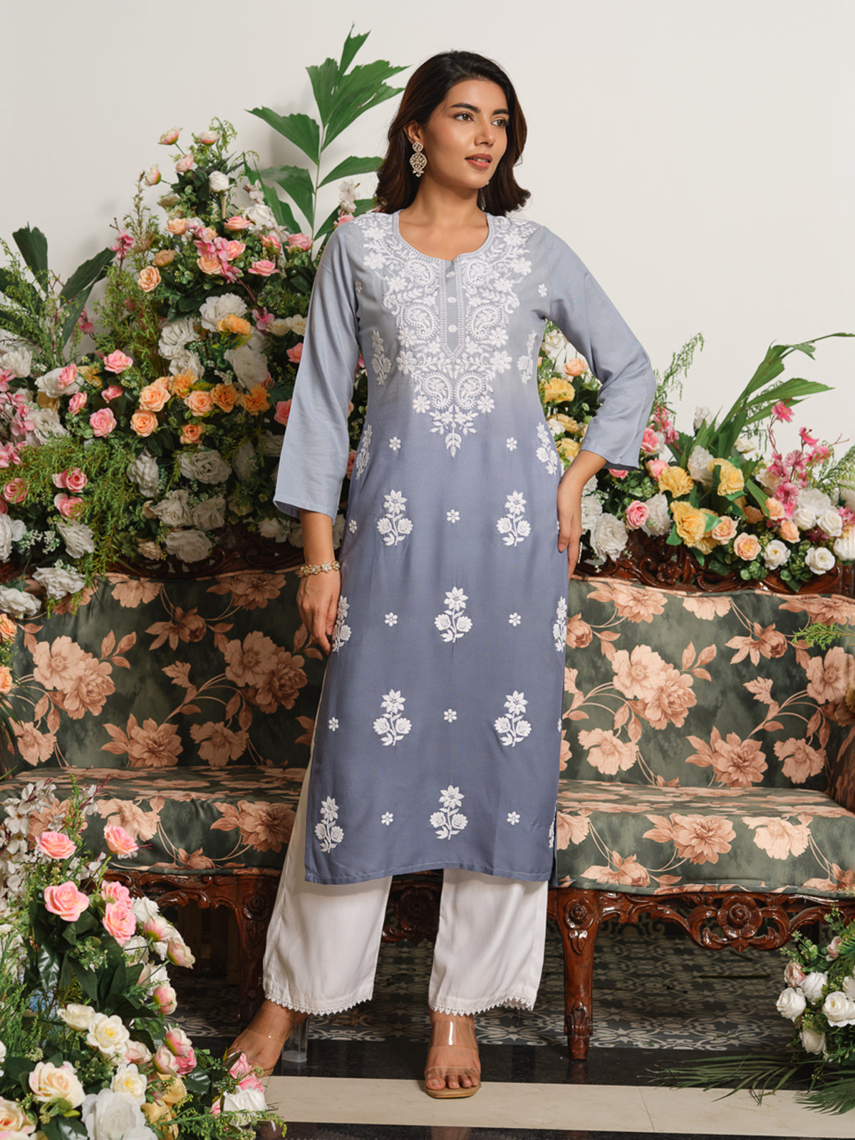 Slate grey premium ombre embroidered kurti