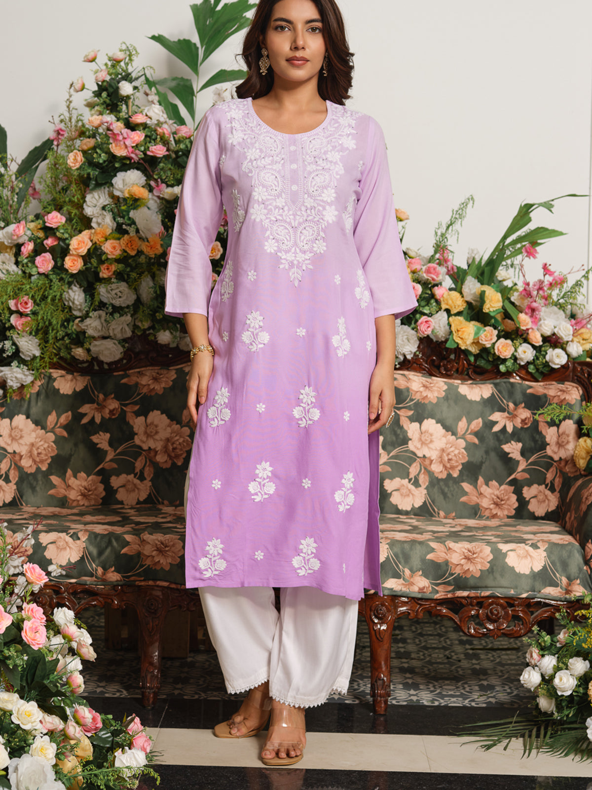 Purple graceful chikankari cotton silk kurti