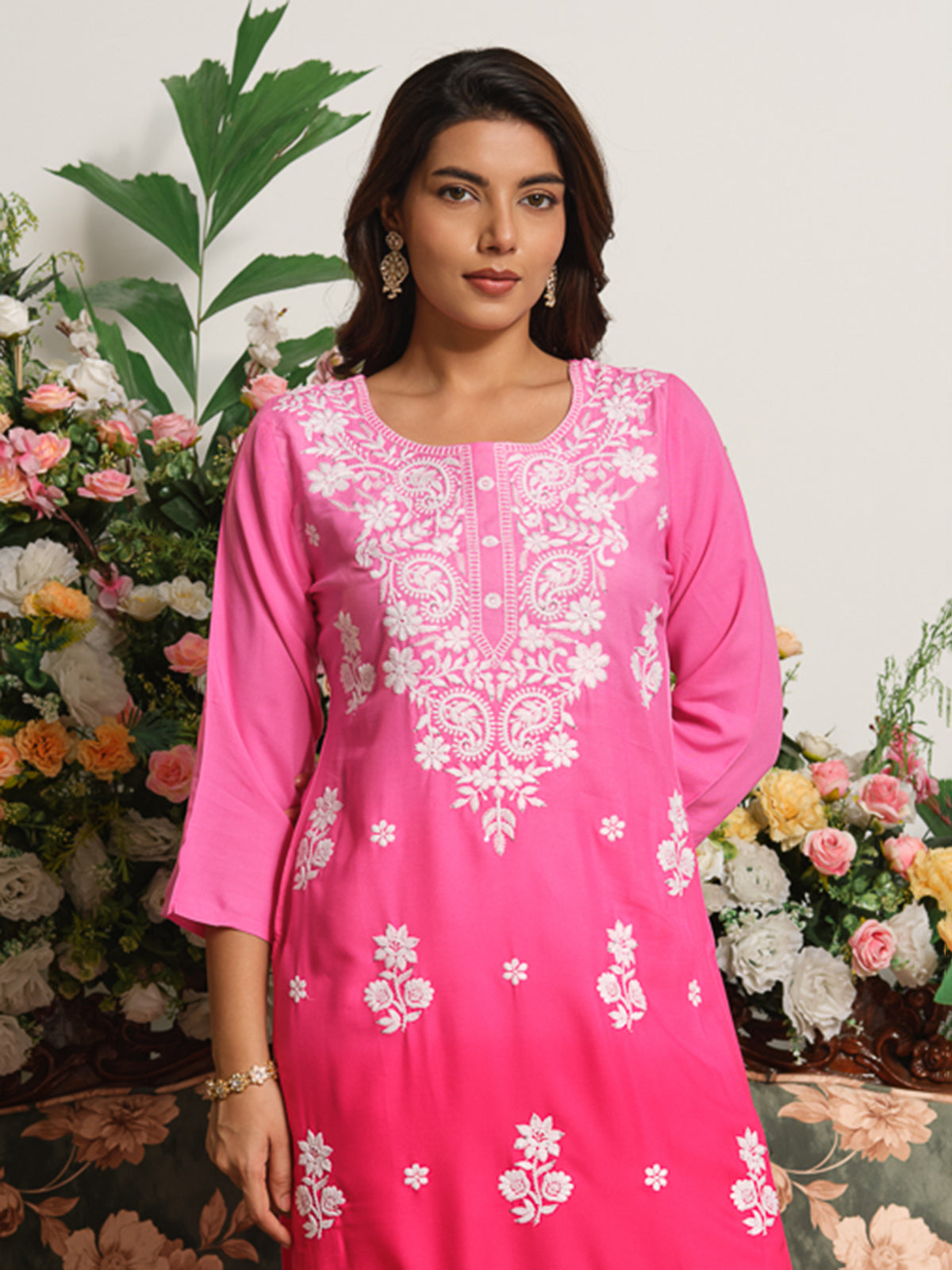 Hot pink designer ombre chikankari straight kurti