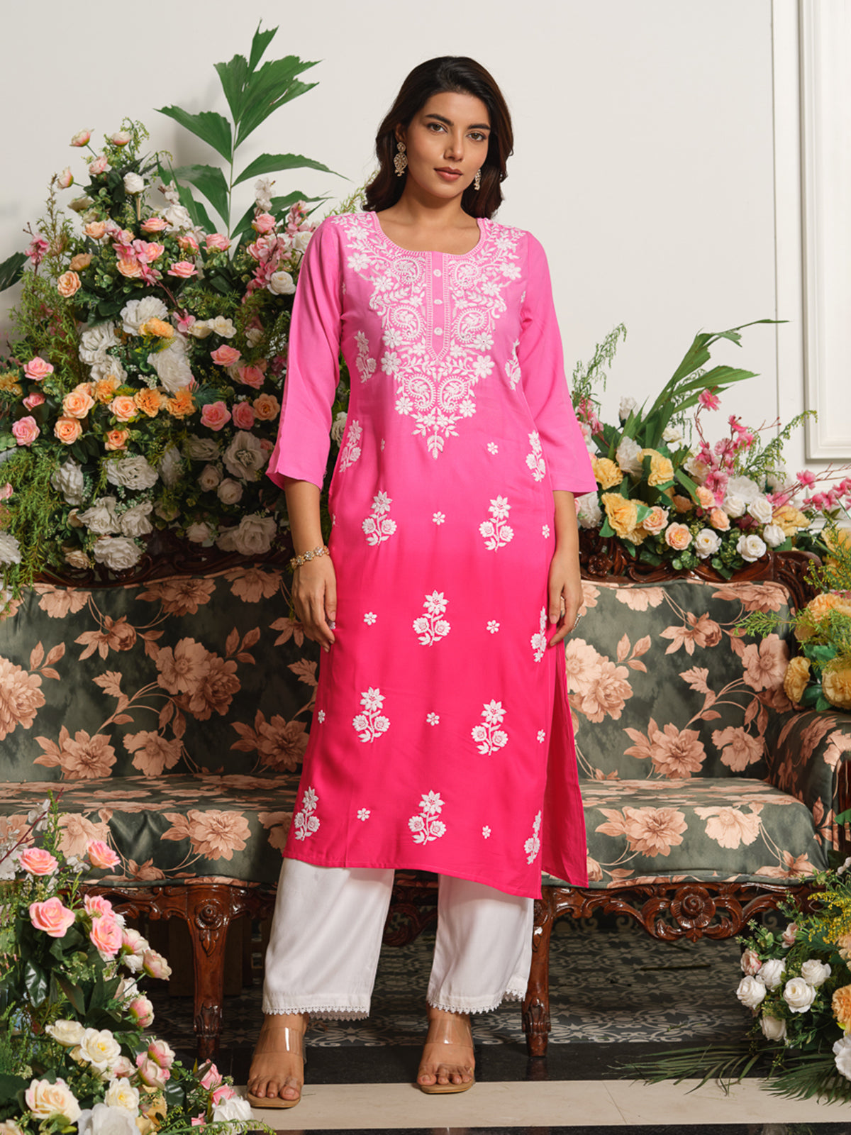 Hot pink designer ombre chikankari straight kurti