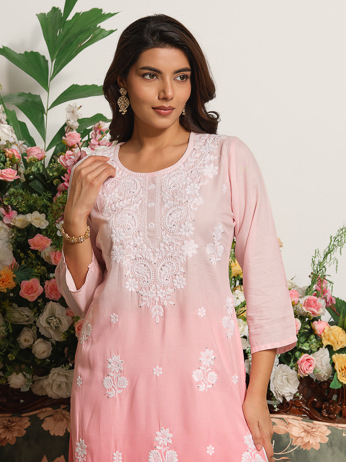 Pink ombre chikankari embroidered cotton silk kurti