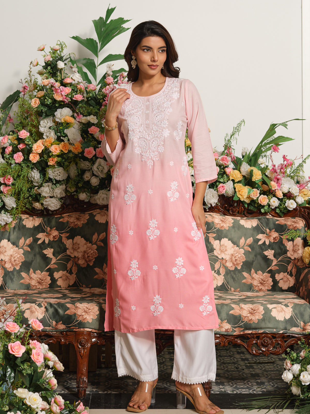 Pink ombre chikankari embroidered cotton silk kurti