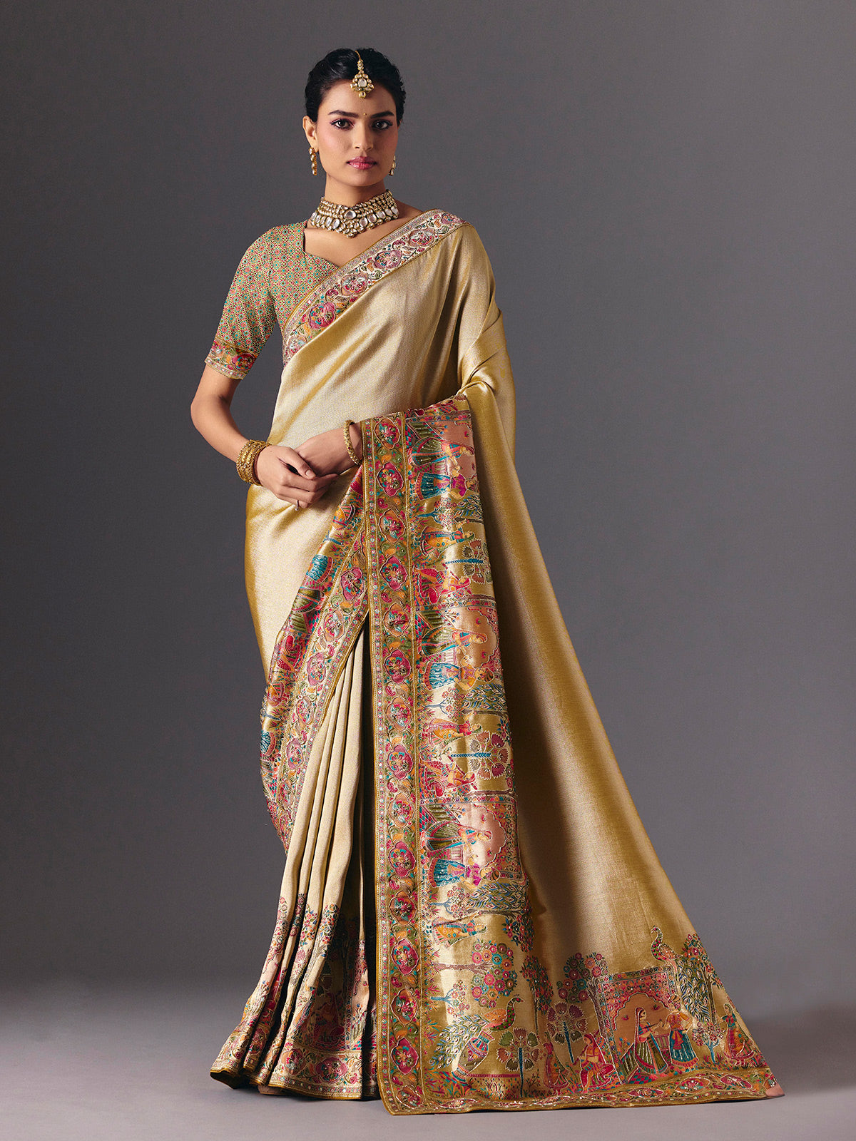 Gold tissue silk bridal saree with luxurious zardosi zari work