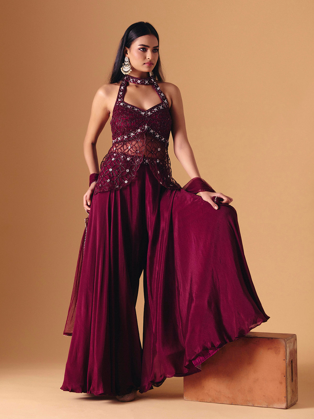Wine crepe net designer palazzo salwar suit with dupatta