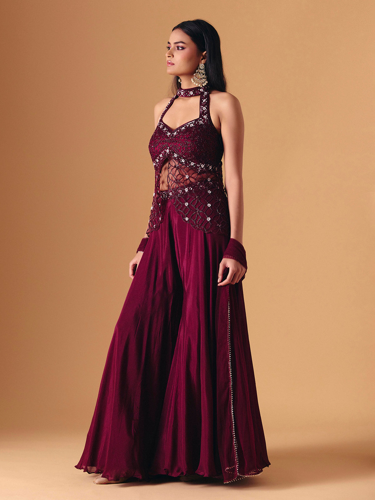 Wine crepe net designer palazzo salwar suit with dupatta