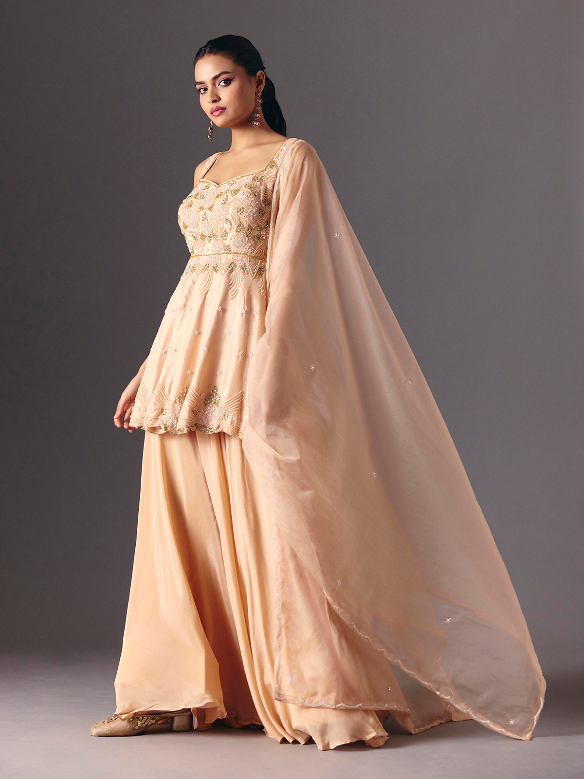 Peach silk palazzo salwar suit for wedding celebration