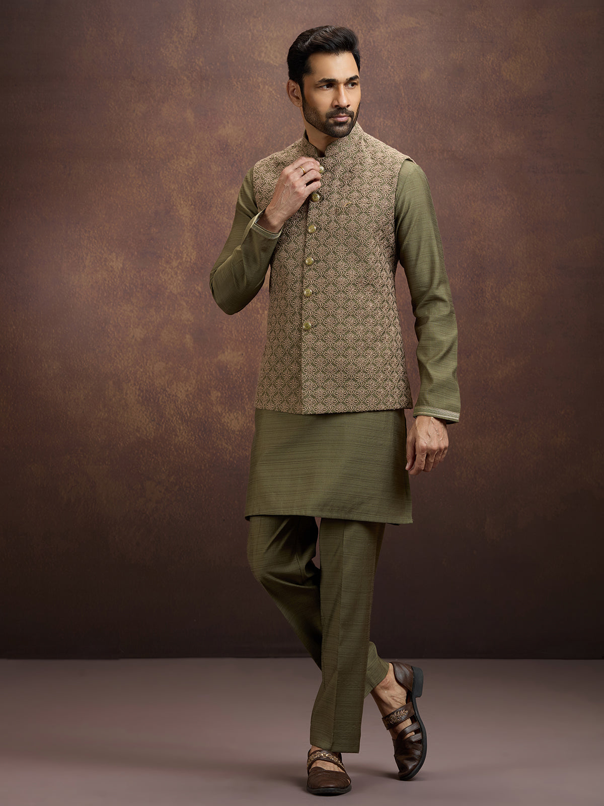 Olive royal embroidered silk waistcoat set