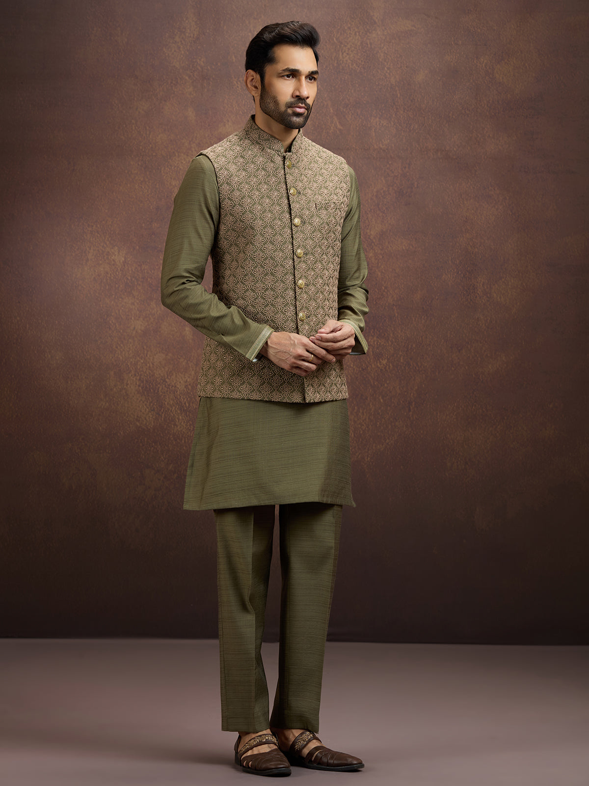 Olive royal embroidered silk waistcoat set