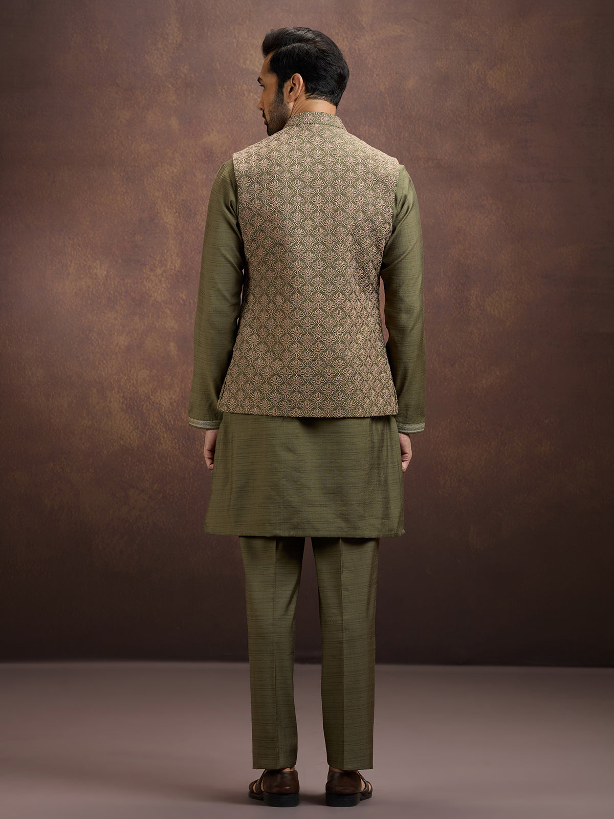 Olive royal embroidered silk waistcoat set