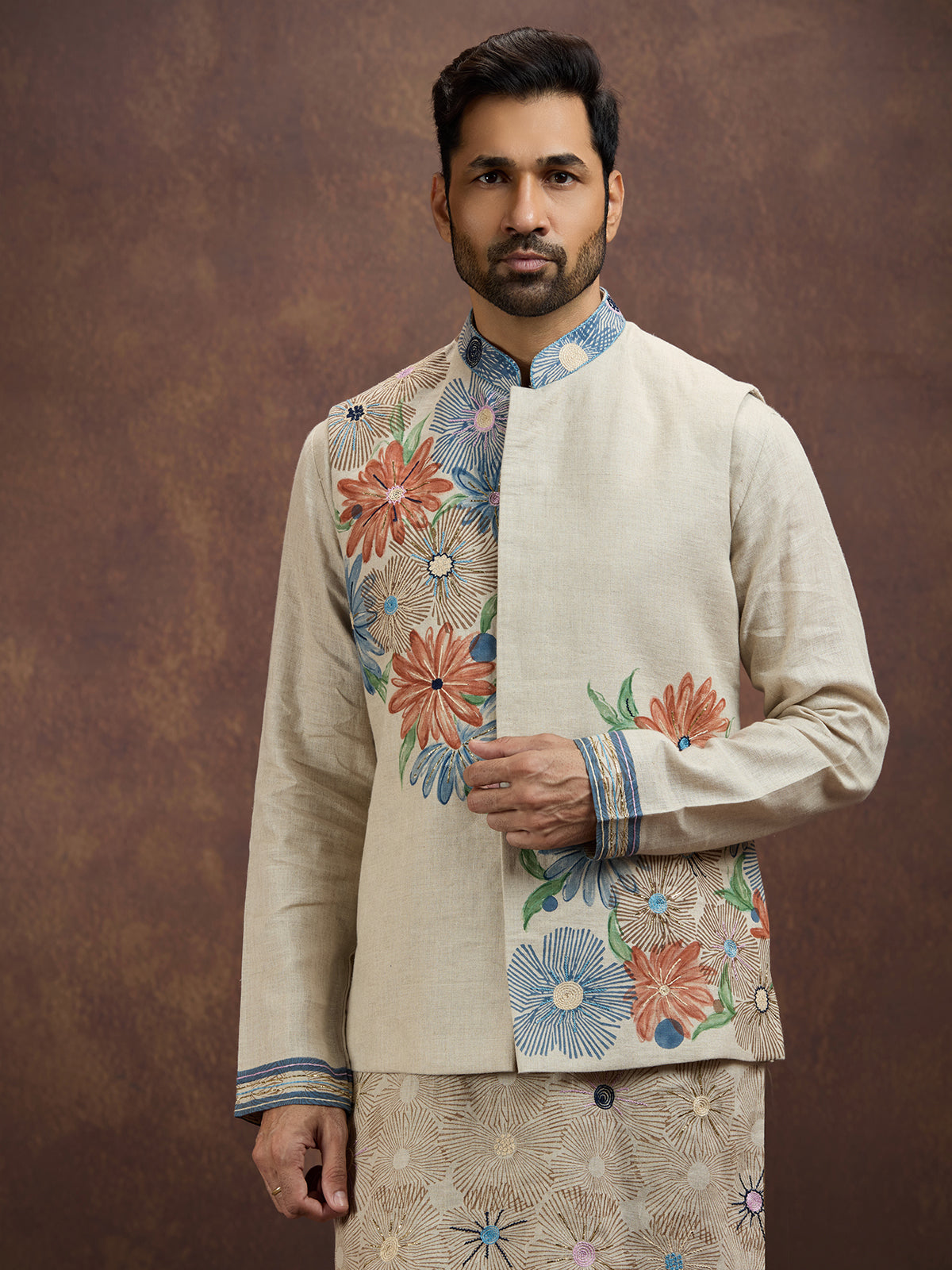 Cream artistic printed linen waistcoat set
